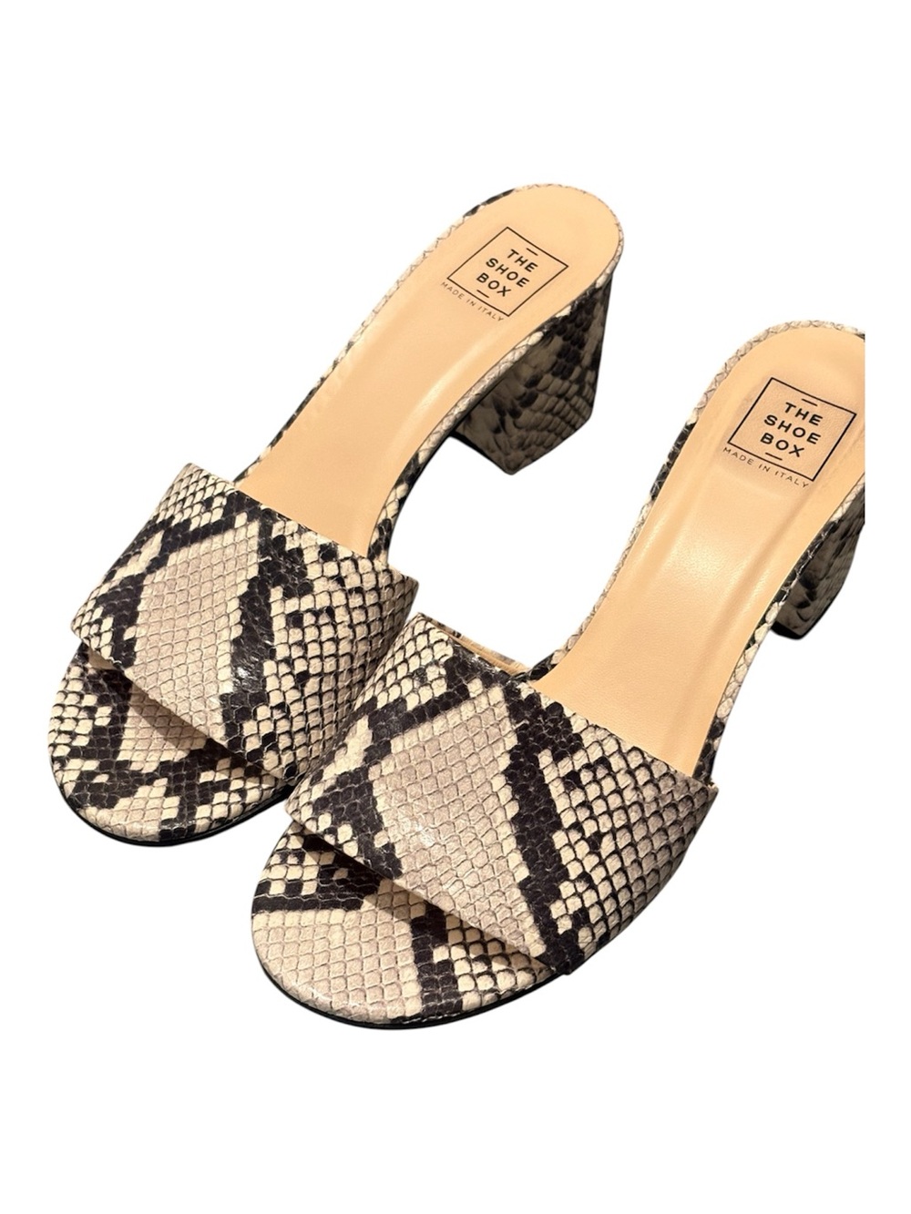 The Shoe Box Neutral Snake-Print Block Heel Slide Mules.